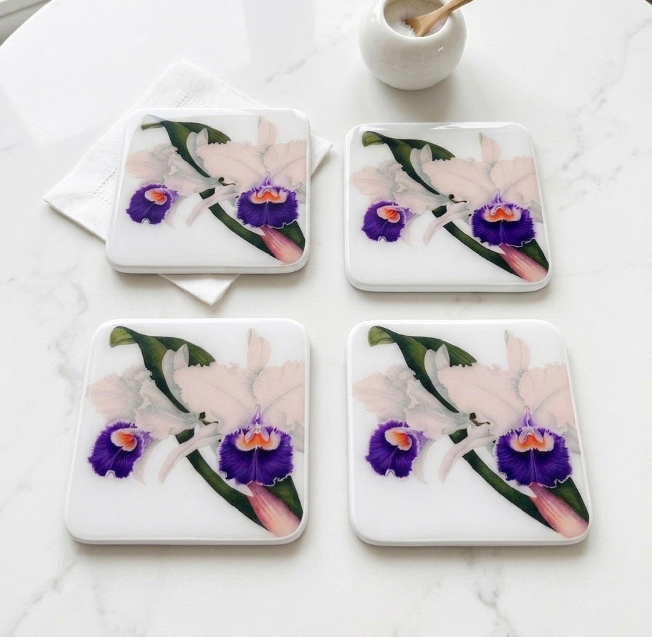 Violet Orchids Luxury Coaster – Handcrafted Resin-on-Wood