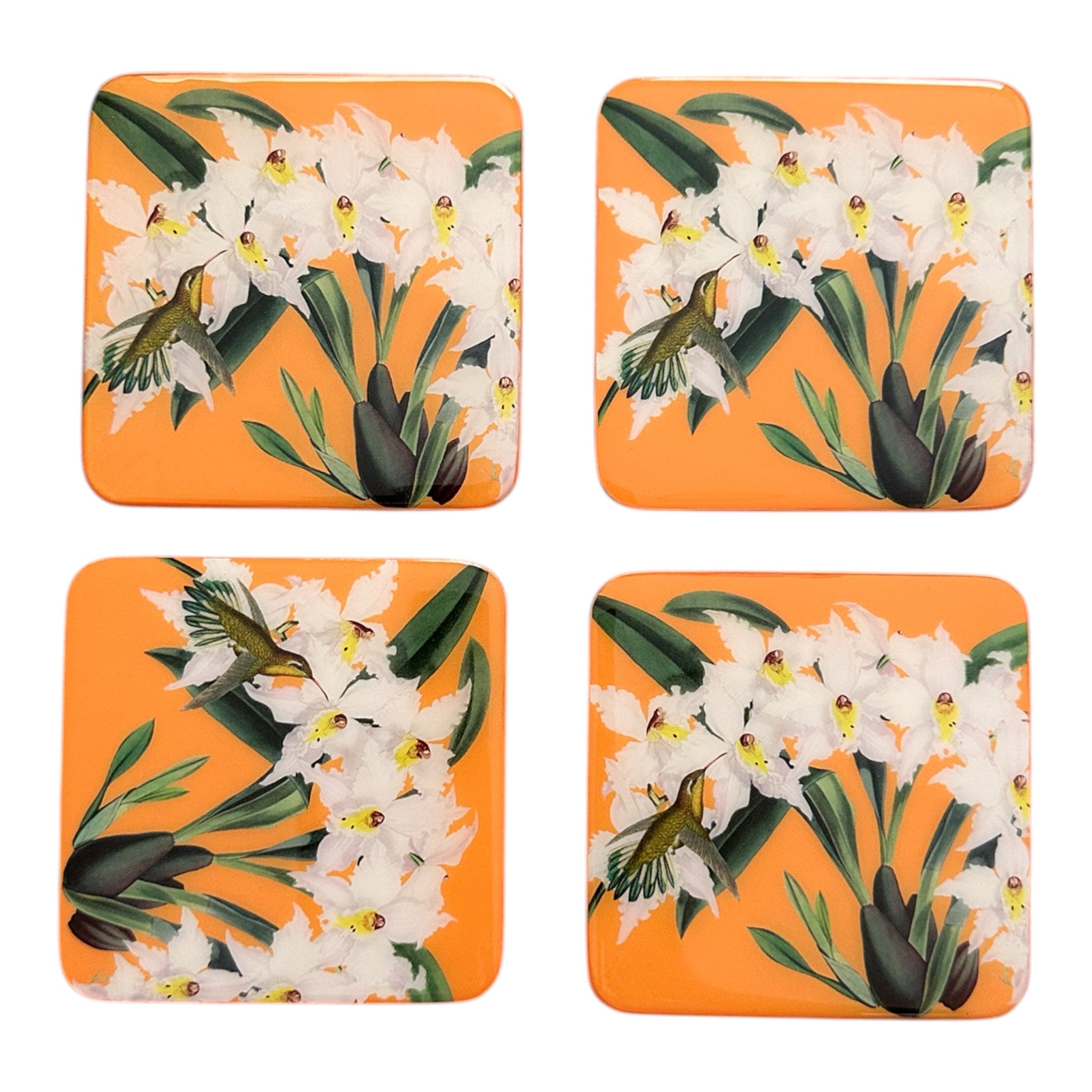 Orange Coasters: Hummingbird and  and Orchids Handcrafted Resin and Wood Table Decor