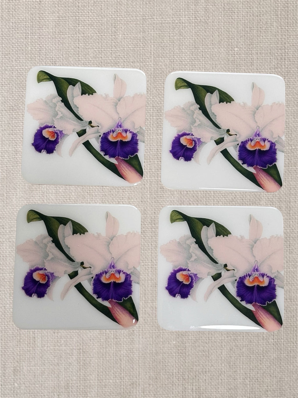 Handcrafted Coasters: White and  Purple Orchid Collection