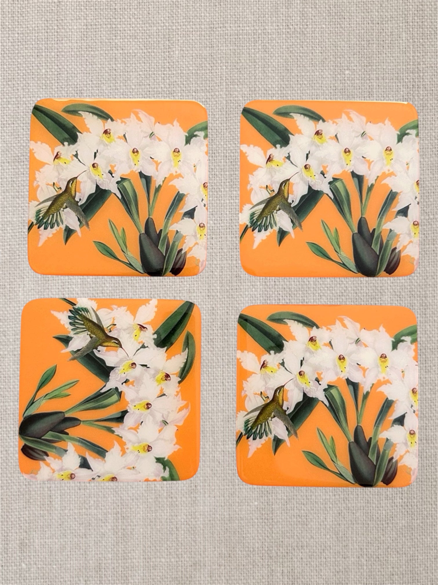 Orange Coasters: Hummingbird and  and Orchids Handcrafted Resin and Wood Table Decor