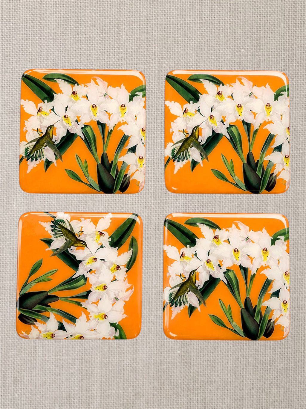 Orange Botanical Coasters  Handcrafted Resin-on-Wood Table Decor