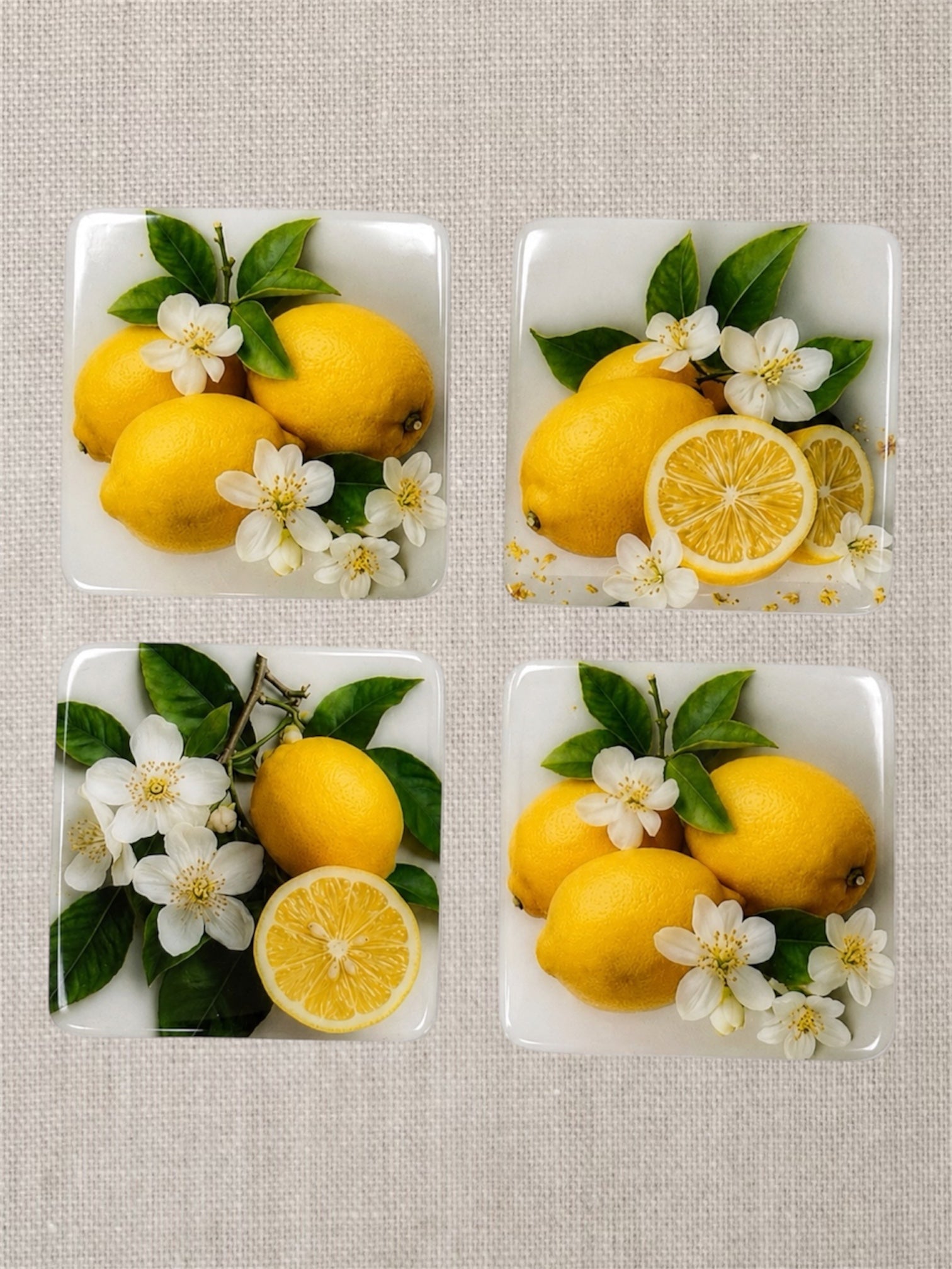 Lemon Blossom Coaster Set  Handmade Resin Art on Wood