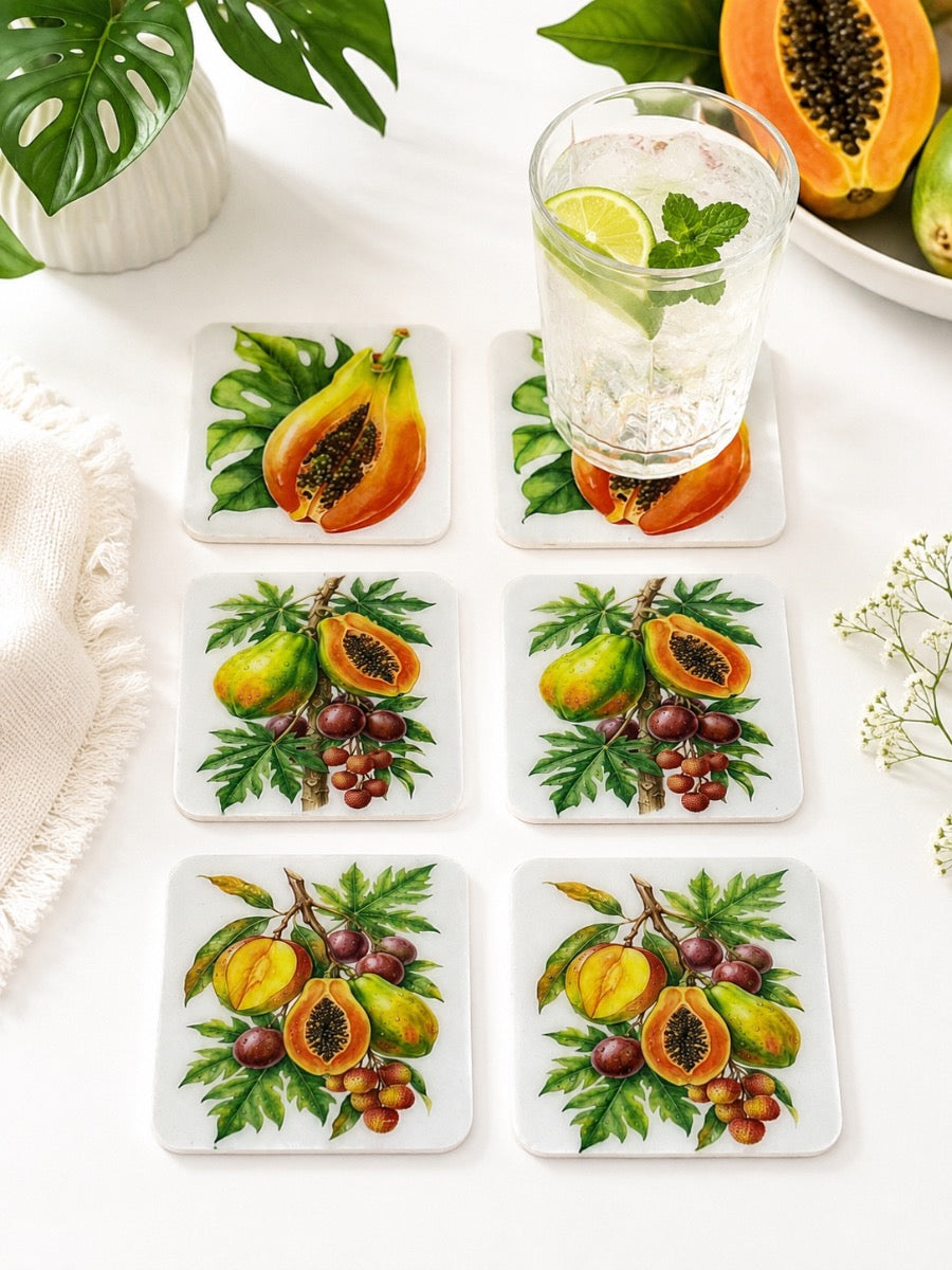 Posavasos de Lujo Papaya Tropical y Frutas Exóticas – Hechos a Mano en Resina sobre Madera