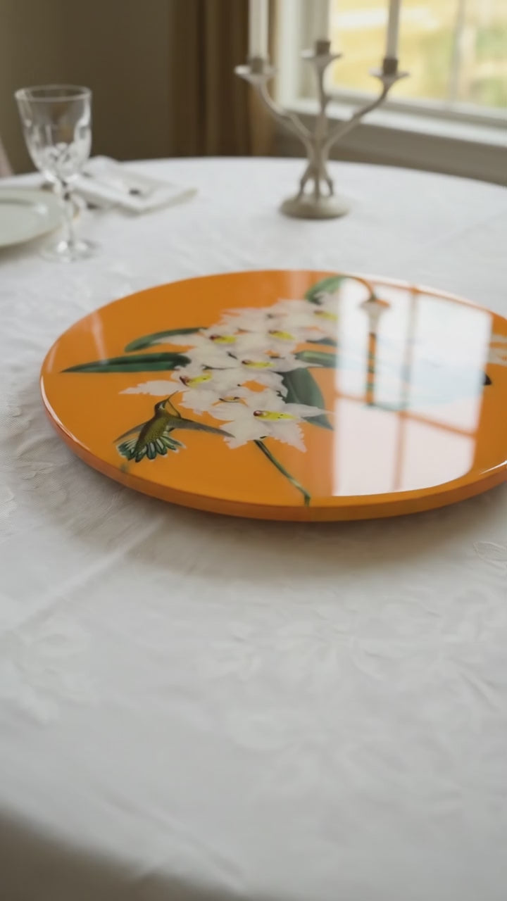 Orange Botanical Lazy Susan | Handcrafted Resin-on-Wood Table Decor