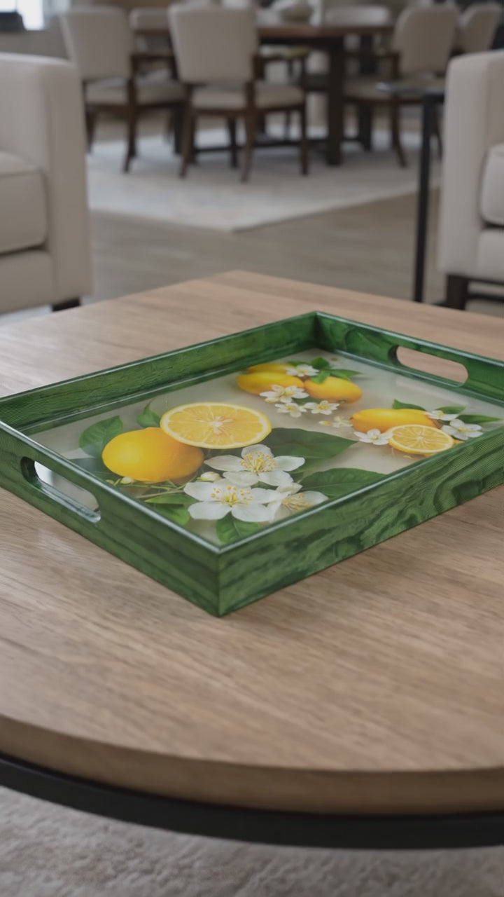 Modern Lemon Blossom Tray | Handmade Resin Art on Wood